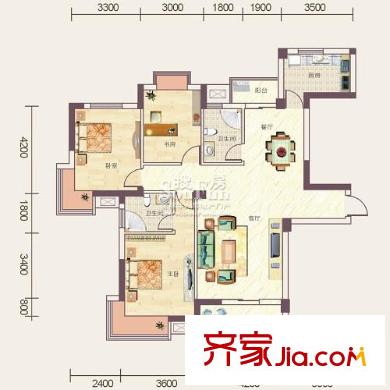 鴻江花畔里戶型圖C1 3室2廳2衛(wèi)1廚