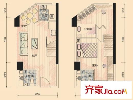 中民長(zhǎng)青里戶型圖2#樓D戶型 2室2廳1衛(wèi)1廚