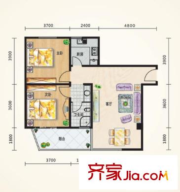陽(yáng)光美墅戶型圖1#樓E1戶型 2室2廳1衛(wèi)1廚