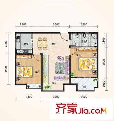 陽(yáng)光美墅戶型圖3#樓B3戶型 2室2廳1衛(wèi)1廚