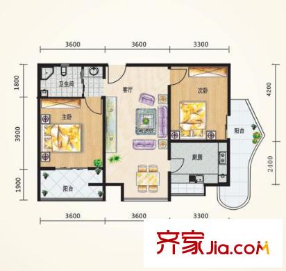陽(yáng)光美墅戶型圖1#樓C1戶型 2室2廳1衛(wèi)1廚