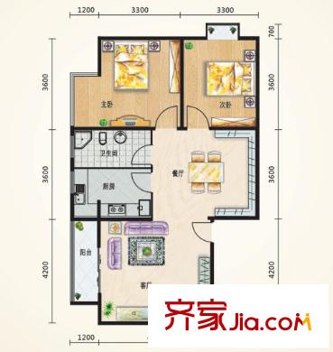 陽(yáng)光美墅戶型圖1#樓J1戶型 2室2廳1衛(wèi)1廚