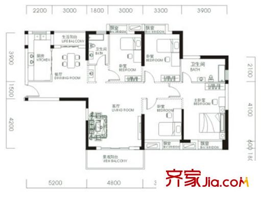 同安家園四期戶型圖F戶型  4室2廳2衛(wèi)
