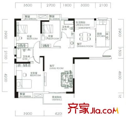 同安家園四期戶型圖E戶型  3室2廳2衛(wèi)