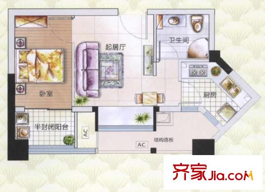 福晟錢隆首座戶型圖首座A戶型 1室1廳1衛(wèi)1廚