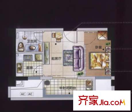 福晟錢隆首座戶型圖首座一房一廳一衛(wèi) 1室1廳1衛(wèi)1廚