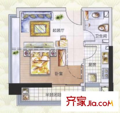福晟錢隆首座戶型圖1、2#05、08單元3#01、04單元D戶型 1室1廳1衛(wèi)1廚