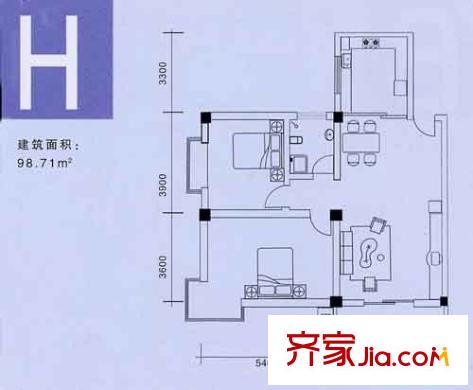 普天居賢院戶型圖H型 2室2廳1衛(wèi)1廚