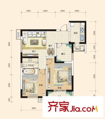 官湖郡戶型圖心賞E戶型 2室2廳1衛(wèi)1廚