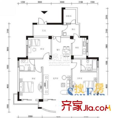 中一花園戶型圖A1 3室2廳2衛(wèi)