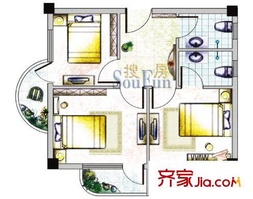 濱海嘉年華B1戶型圖3室1廳2衛(wèi)