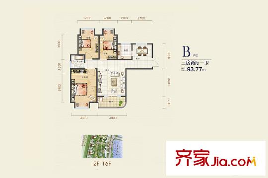 漢口北卓爾生活城9號(hào)樓2-16F-B戶型 3室2廳1衛(wèi)1廚