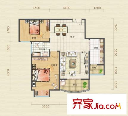 漢口北卓爾生活城B2-3戶型圖 2室2廳1衛(wèi)1廚
