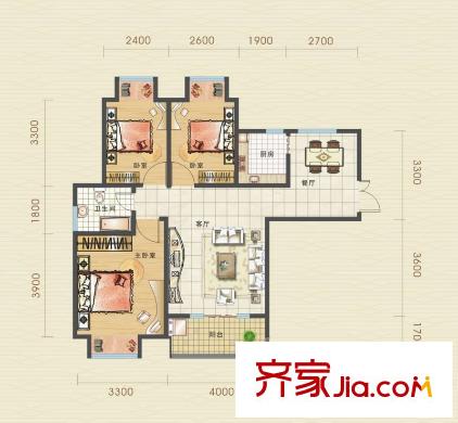 漢口北卓爾生活城A-1戶型圖 3室2廳1衛(wèi)1廚