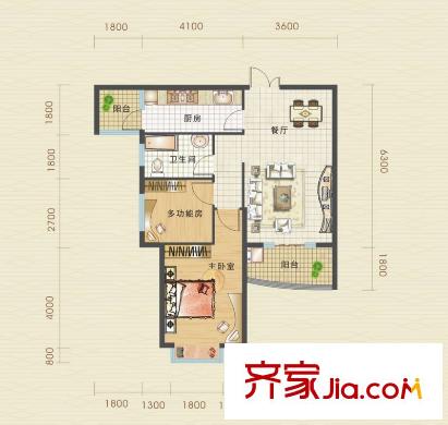 漢口北卓爾生活城A-3戶型圖 2室2廳1衛(wèi)1廚