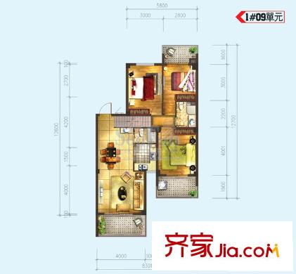 優(yōu)派凱城戶型圖1#09單元 3室2廳2衛(wèi)1廚
