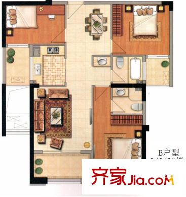 恒宇國(guó)際公園戶型圖9#樓5-24層B戶型面積約95.8平米 3室2廳2衛(wèi)1廚