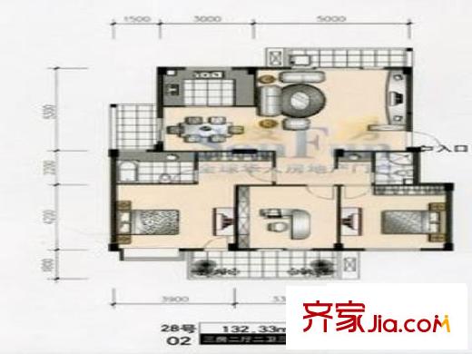 居住主題丹楓白鷺戶型圖居住主題（丹楓白鷺） 3室 戶型圖 3室2廳2衛(wèi)1廚