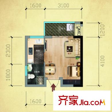 福晟錢隆公館戶型圖1#樓02單元戶型 1室1廳1衛(wèi)1廚