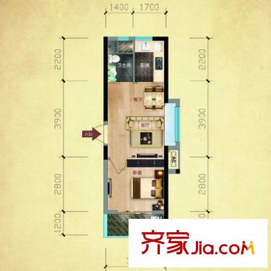 福晟錢隆公館戶型圖1#樓01單元戶型 1室1廳1衛(wèi)1廚