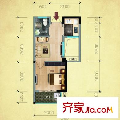 福晟錢隆公館戶型圖1#樓03-06 11-14單元戶型 1室1廳1衛(wèi)1廚
