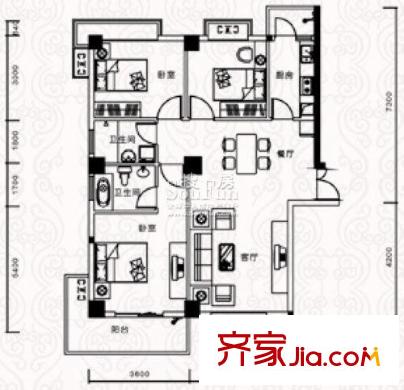 景江御水天成戶型圖D 3室2廳2衛(wèi)