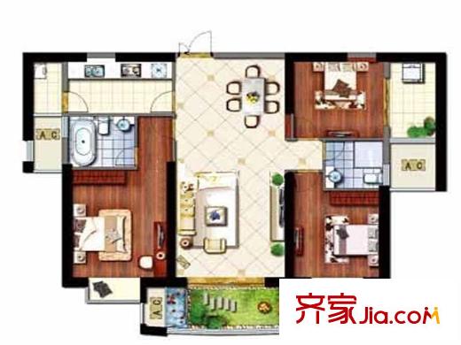 億力江濱戶型圖A2 03、04-b裝修示意圖 3室2廳2衛(wèi)1廚