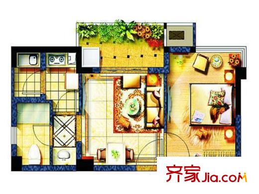 陽光理想城香草天空戶型圖花語海C戶型 1室1廳1衛(wèi)1廚