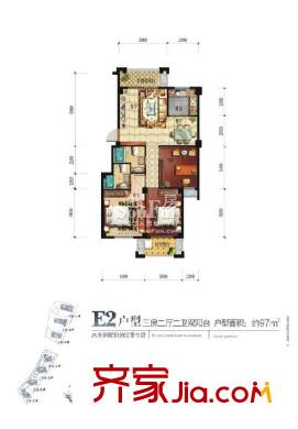 江南水都意境戶型圖E2戶型 3室2廳2衛(wèi)
