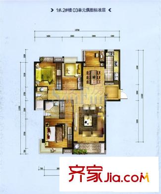 江南水都悅湖戶型圖1#2#03單元偶數(shù)標(biāo)準(zhǔn)層 3室2廳2衛(wèi)1廚