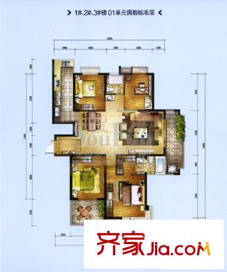 江南水都悅湖戶型圖1#2#3#01單元偶數(shù)標準層 4室2廳2衛(wèi)1廚