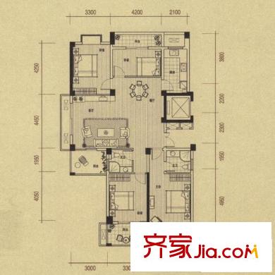 三迪香頌楓丹戶型圖2#F戶型 3室2廳2衛(wèi)1廚