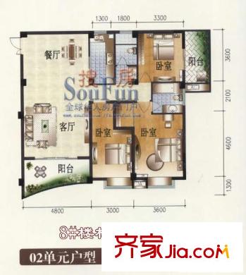 都會(huì)華彩戶型圖8#標(biāo)準(zhǔn)層 02單元 3室2廳2衛(wèi)1廚