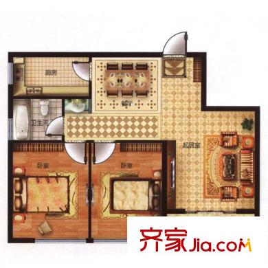 烏龍江大區(qū)戶型圖B2戶型 2室2廳1衛(wèi)1廚