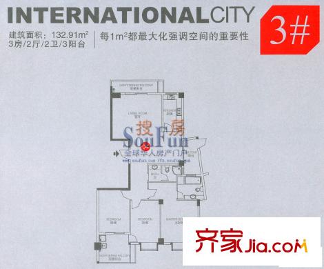 武夷國際城戶型圖3室2廳2衛(wèi)1廚