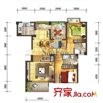 七街十二府戶型圖10/11#標(biāo)準(zhǔn)層G戶型 3室2廳2衛(wèi)1廚