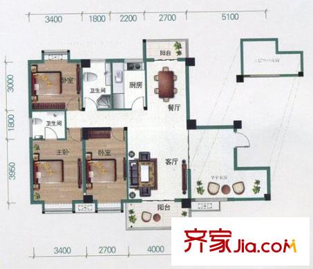 博學(xué)華府戶型圖1期A5戶型 3室2廳2衛(wèi)