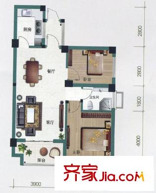 博學(xué)華府戶型圖1期A3戶型 2室2廳1衛(wèi)