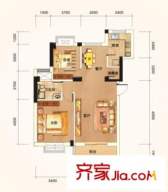 萊茵城戶型圖1號(hào)樓D戶型 2室2廳1衛(wèi)1廚