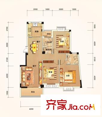 萊茵城戶型圖1號(hào)樓E2戶型 3室2廳2衛(wèi)1廚