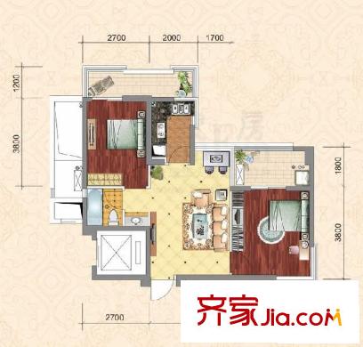群升國際御園戶型圖3#樓A1戶型 2室1廳1衛(wèi)1廚