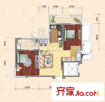 群升國際御園戶型圖3#樓A2戶型 2室1廳1衛(wèi)1廚