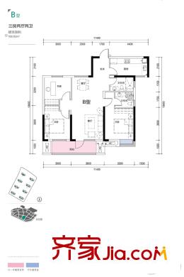 招商公園1872A4地塊1-8號樓B戶型 3室2廳2衛(wèi)1廚