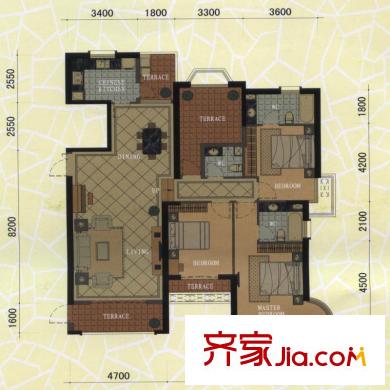 東方名城72#、78#E1戶型平面圖 3室2廳3衛(wèi)1廚
