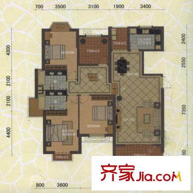 東方名城73#、75#N戶型復(fù)式下層平面圖 3室2廳2衛(wèi)1廚