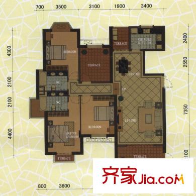 東方名城73#、75#N戶型平面圖 3室2廳2衛(wèi)1廚