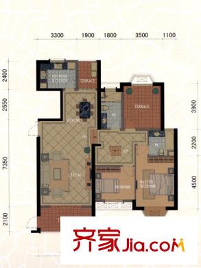 東方名城73、75號(hào)樓H戶型復(fù)式下層平面圖 2室2廳2衛(wèi)1廚