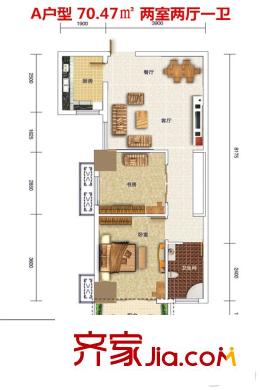 東港國際廣場1#A戶型  2室2廳1衛(wèi)
