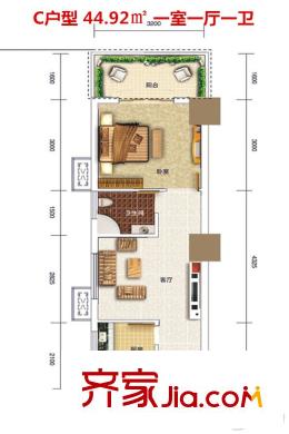 東港國際廣場1#C戶型  1室1廳1衛(wèi)