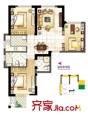 融僑宜家戶型圖1#、2#、3#、5#、6#樓A戶型 3室2廳2衛(wèi)1廚